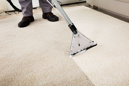 man cleaning light carpet using commercial cleaner